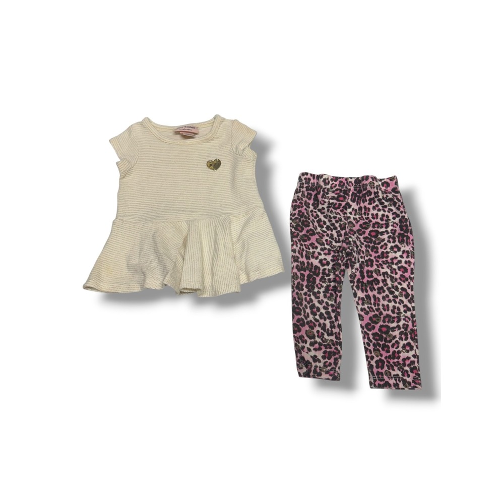 Juicy Couture Kids 12M Peplum Top and Leopard Leggings Set Gold Stripe Pink